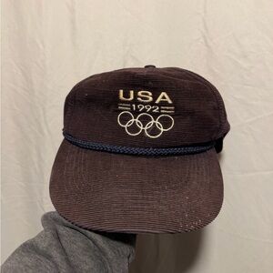 Vintage USA 1992 Olympic Logo Corduroy Cap - Dark Brown with Navy Trim